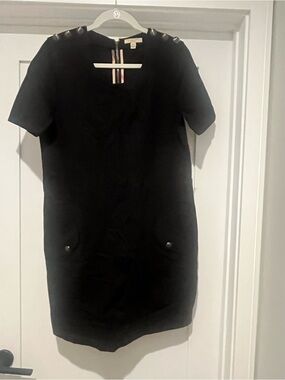 Burberry Black Short-Sleeve Shift Dress with Button Shoulder Detail